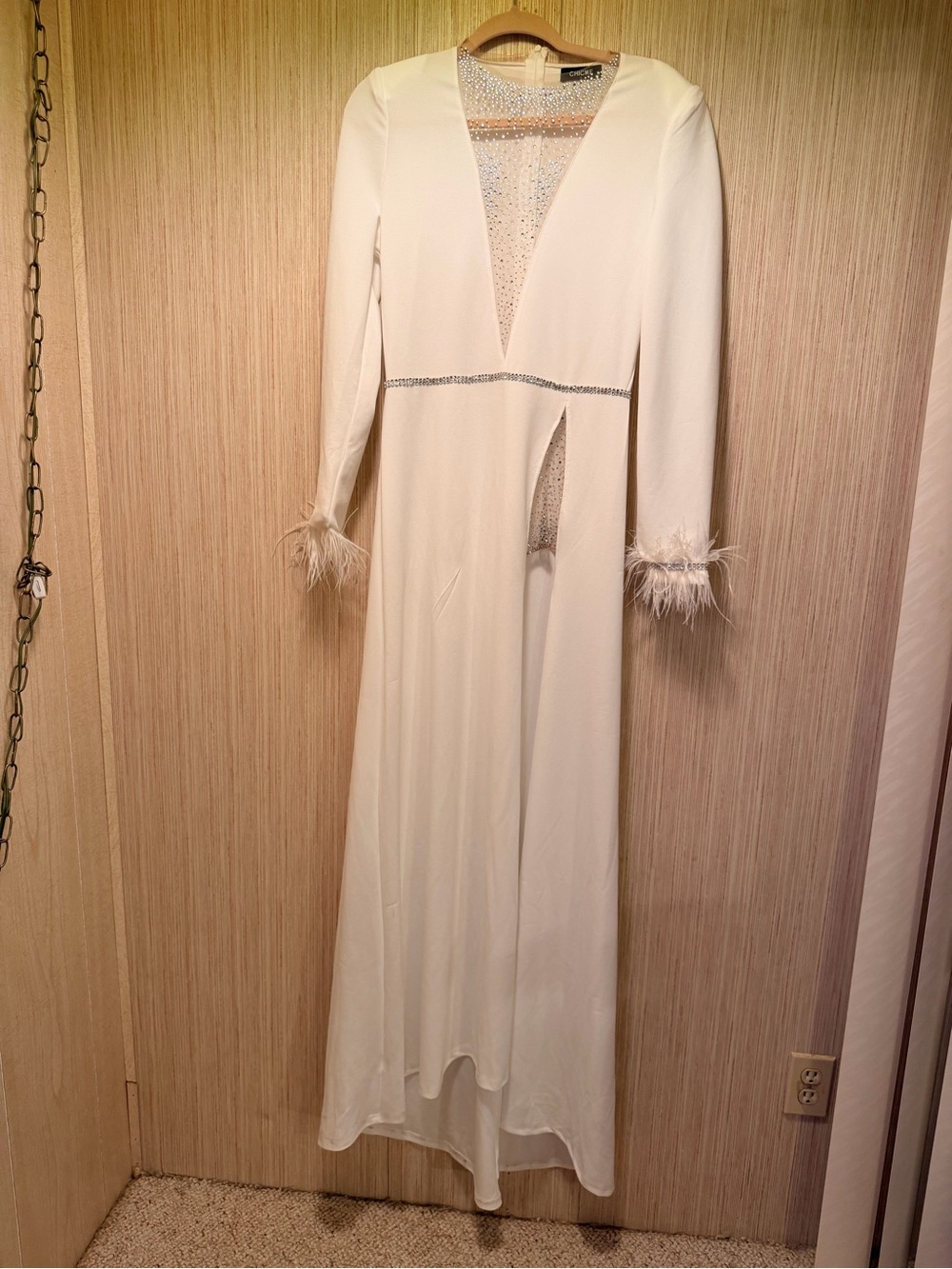 chic Ivory Maxi Dress with Feather Cuffs and Rhinestone Trim